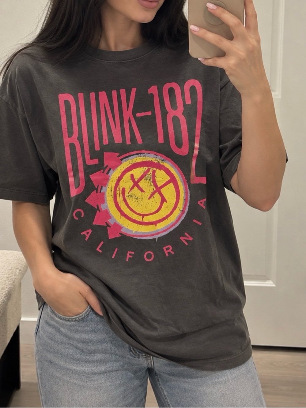 Graphic Tee in Charcoal with Pink & Yellow Print